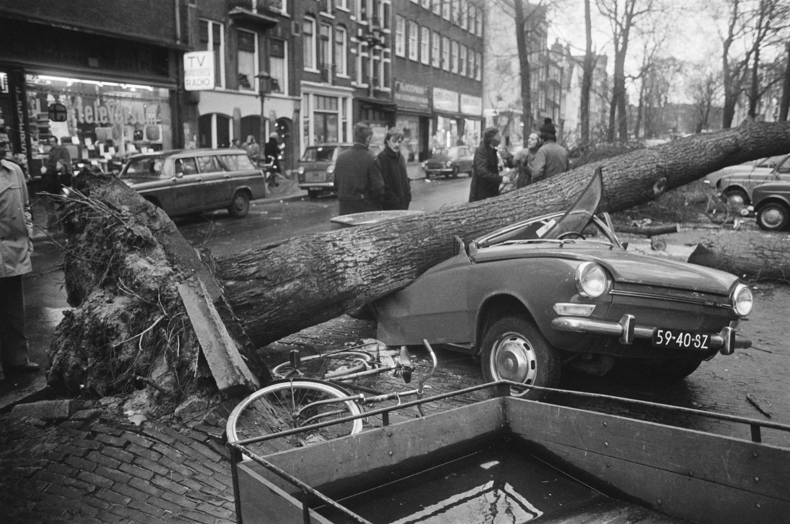 Ontwortelde boom ligt op een geparkeerde auto in een Amsterdamse straat, zwart-witfoto uit 1976
